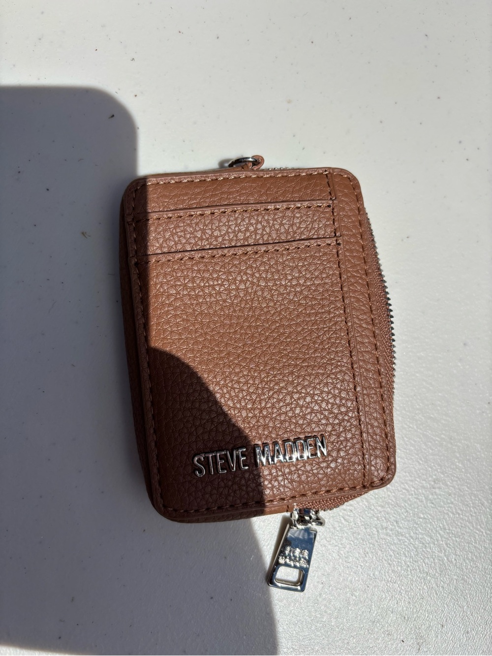 Steve Madden Tan Pebbled Leather Zip Card Holder